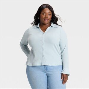 Women's Long Sleeve Collared Rib-Knit Button Down Shirt - Ava & Viv light blue